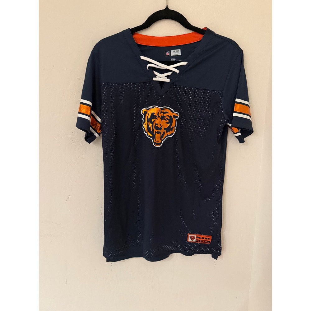 NFL Team Apparel Chicago Bears Lace Up Jersey Top Navy Blue Orange Womens Medium